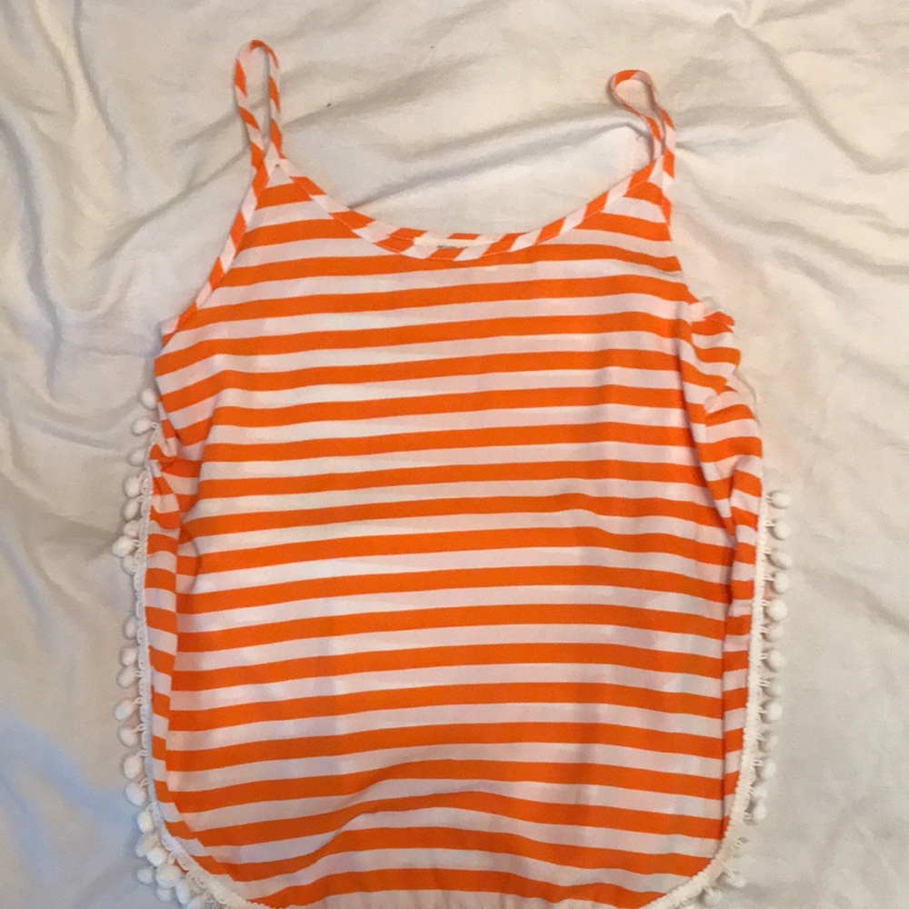 Orange and white stripe pompon tank top